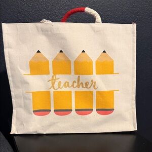 Canvas Teacher Tote Bag with Yellow Pencil Design